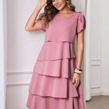 guang zhou mi qian shang mao  Vestido de mujer de unicolor con cuello redondo, mangas cortas con volantes en los puños y dobladillo con volantes, vestido de moda para vacaciones, primavera y verano - Celeste - Ver 6