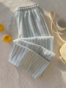 Pantalones a rayas rosas para mujer, vacaciones de verano - Azul 2 - Ver 6