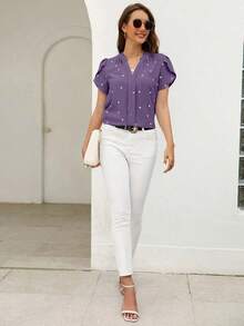 Blusa de mujer de escote en V con estampado de corazón y mangas con volantes para el verano y la playa - Morado - Ver 5