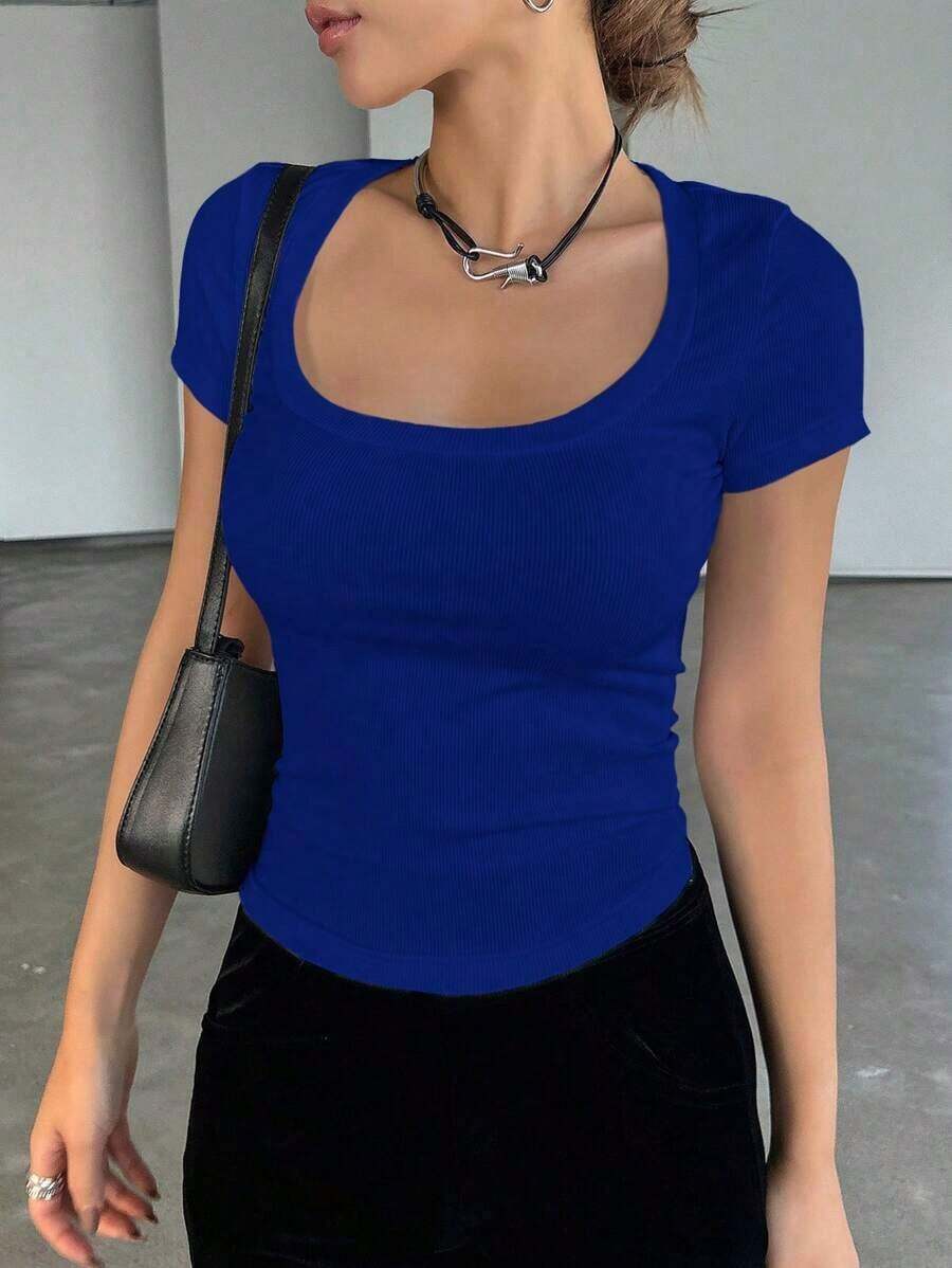 Camiseta casual de verano para mujer de ajuste ceñido con cuello redondo y mangas cortas en unicolor - azul real - Ver 1