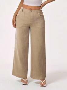 PETITE Pantalones rectos de cintura baja de 100% algodón lavado, pantalones de lino para mujer, pantalones de verano, pantalones anchos de mujer, pantalones de verano, otoño y ropa de otoño para mujer - Caqui 2 - Ver 2