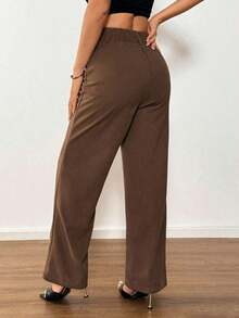 Pantalones rectos casuales de mujer de unicolor con cinturón - Café integral 2 - Ver 2