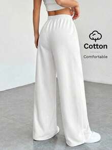 Pantalones de chándal de mujer de punto de unicolor, cómodos y casuales con pierna ancha - Blanco - Ver 2
