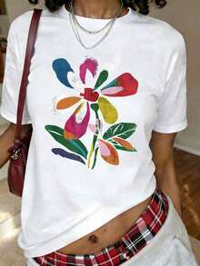 Camiseta con Estampado Floral Estilo Boho en Tonos Pastel, Ropa Urbana Hipster, Camiseta de Manga Corta con Cuello Redondo, Top Casual para Verano y Primavera, Ropa de Tallas Grandes para Mujer - Blanco - Ver 1