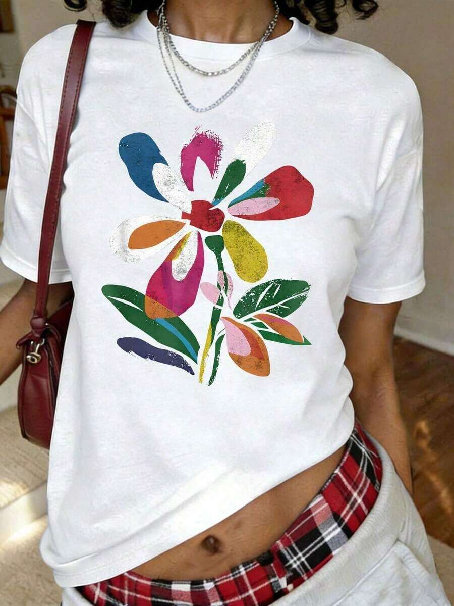 Camiseta con Estampado Floral Estilo Boho en Tonos Pastel, Ropa Urbana Hipster, Camiseta de Manga Corta con Cuello Redondo, Top Casual para Verano y Primavera, Ropa de Tallas Grandes para Mujer - Blanco - Ver 1