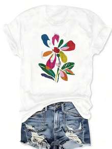 Camiseta con Estampado Floral Estilo Boho en Tonos Pastel, Ropa Urbana Hipster, Camiseta de Manga Corta con Cuello Redondo, Top Casual para Verano y Primavera, Ropa de Tallas Grandes para Mujer - Blanco - Ver 3