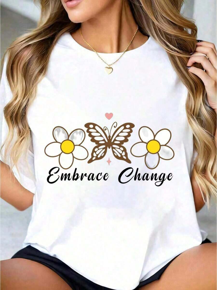 Camiseta blanca para mujer con estampado de mariposas y margaritas, cuello redondo, tejido de punto de algodón casual, elasticidad media, corte regular, adecuada para mujeres, tallas S-XXXL. - Blanco - Ver 1