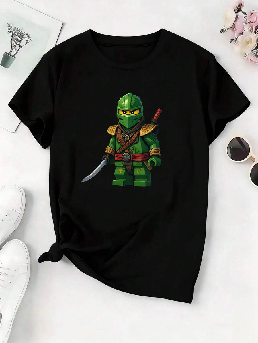 Camiseta de Manga Corta para Mujer Verano Cuello Redondo Estampado de Moda Top de Media Manga Tejido ElásticoDaily Casual Round Neck Short Sleeve-Shirt Women - Negro - Ver 1