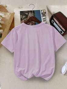 Teens' Cartoon Rabbit Print Crew Neck T-Shirt, Soft Casual Top For Spring And Summer - Purple - View 3