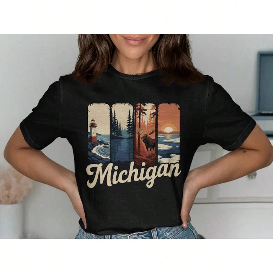 Camiseta de: Camiseta de recuerdo del faro, el alce y el atardecer - Negro - Ver 1