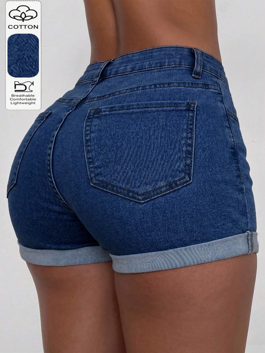 Quần short denim màu xanh hải quân cổ điển với thiết kế ống đứng, độ co giãn vừa phải ôm sát cơ thể, cài nút, mang đến phong cách thường ngày giản dị và thời trang. - Rửa tối - Xem 1