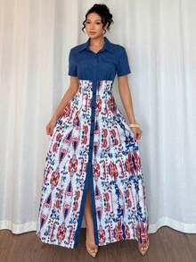 Vestido largo elegante de mujer con estampado floral azul, de manga abierta y efecto splice para el verano - Multicolor - Ver 4