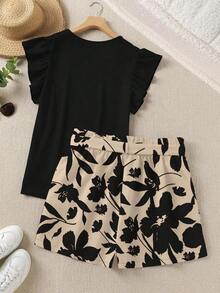 2026 LUNE 2 Piece Set Elegant Solid Color Ruffle Top And Printed Shorts, For Summer - Multicolor - View 2
