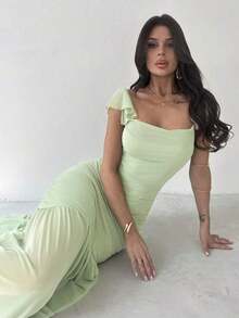 Vestido ajustado de malla verde con drapeado y volante en el bajo, elegante para mujer, apropiado para fiestas, vacaciones, festivales de música, bodas, almuerzos, Día de San Patricio, vestidos largos de estilo bohemio, vestidos de graduación, atuendos de playa, atuendos de aeropuerto - Verde - Ver 3