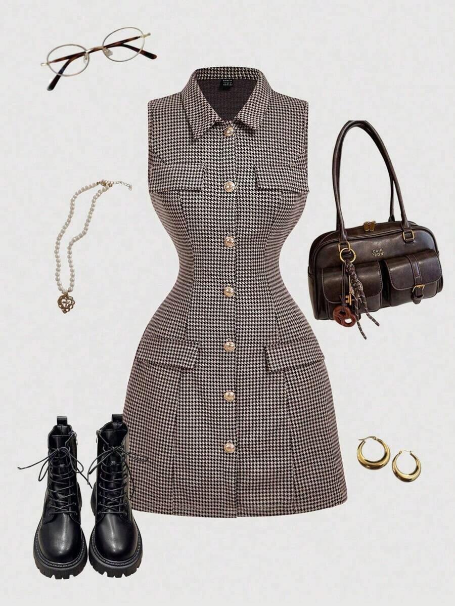 MOD Vestido corto sin mangas con estampado de pata de gallo para mujer - Multicolor 2 - Ver 1