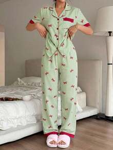 Napfluff Pyjama Set With Short Sleeve Top With Red Button And Striped Pants With Contrasting Color Bow; Pink Striped Pyjama Set With Printed Bow, Suitable For Home Use - Grey - View 6