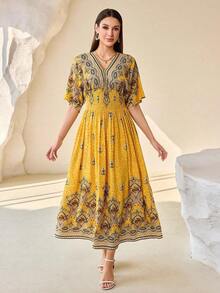 Lacomfia Vestido de mujer de estilo vacacional con estampado geométrico elegante, mangas de murciélago fruncidas y cintura ceñida - Amarillo - Ver 6