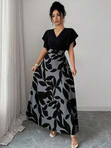 Vestido ajustado y acampanado con mangas de campana, con patrón de hojas de color rojo burdeos elegante para mujer, para primavera/verano - Multicolor 5 - Ver 7