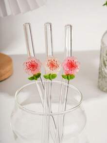 1/2PCS Reusable Curved Flower Glass Straw Set,For Smoothies, Cocktails, Bubble Tea, Soda, Summer Drinks, Pool Parties, Beach. Great Gift For Christmas, Birthday, Graduation, Back To School, Valentine's Day. Kitchen Essential, Photo Prop. - Clear - View 2