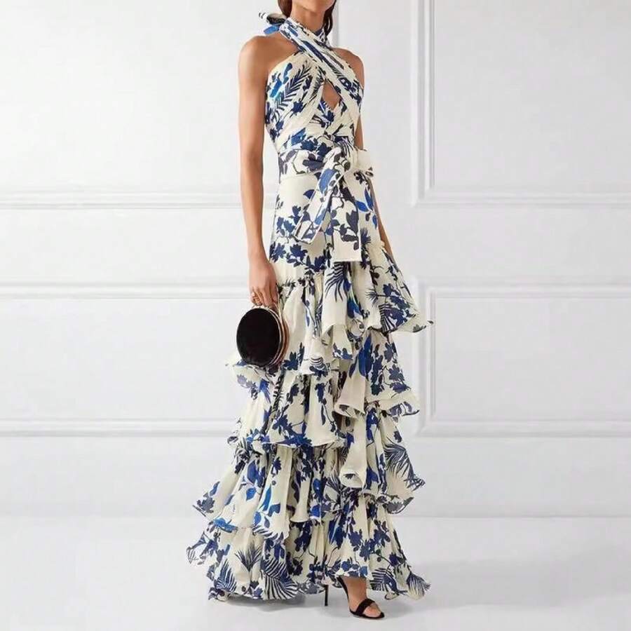 Vestido estampado de verano nuevo, estilo bohemio vacacional, lazos ajustables, estilo lolita, falda amplia voluminosa - Azul - Ver 1