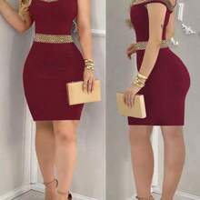 Nana's Women's Clothing Store Vestido negro elegante y ceñido para mujer - Halter sin mangas con tela de lentejuelas en la espalda, perfecto para actividades de verano, mezcla de poliéster lavable a máquina, vestido ajustado, adecuado para citas nocturnas diarias, fiestas, fiestas de solteros - Burdeos - Ver 1