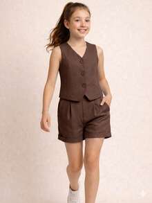 Girls' Teen Outfit With Cropped Vest And Tailored Shorts In Tailored Fabric With Transparent Buttons – Christmas Outfit For Girls, Teenagers And Pre-Teens, Elegant 2-Piece Look, Girls' And Teen Clothing, Stylish Teen Girl Fashion, Comfortable And Modern Teen Girls' Clothing - Rỉ Nâu - Xem 2