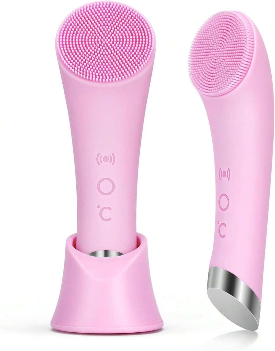 PRITECH Facial Cleansing Brush, Rechargeable Silicone Face Scrubber With Heat Massage End, Vibrating Exfoliator Scrubber For Deep Cleaning, Waterproof Face Brush For Women And Men (Pink) - MàuC - Xem 1