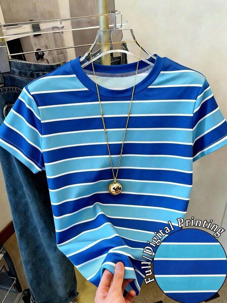 Camiseta de manga corta de cuello redondo a rayas para mujer, de uso versátil y casual para el día a día - Multicolor 4 - Ver 1