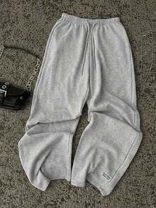 Pantalones de chándal de pierna recta y cintura baja para mujer, apropiados para el verano, con efecto lavado - Gris Claro 2 - Ver 5