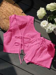 Conjunto casual de 2 piezas de top corto sin mangas con cordones delanteros y shorts para mujer en beige - Rosa Fucsia - Ver 8