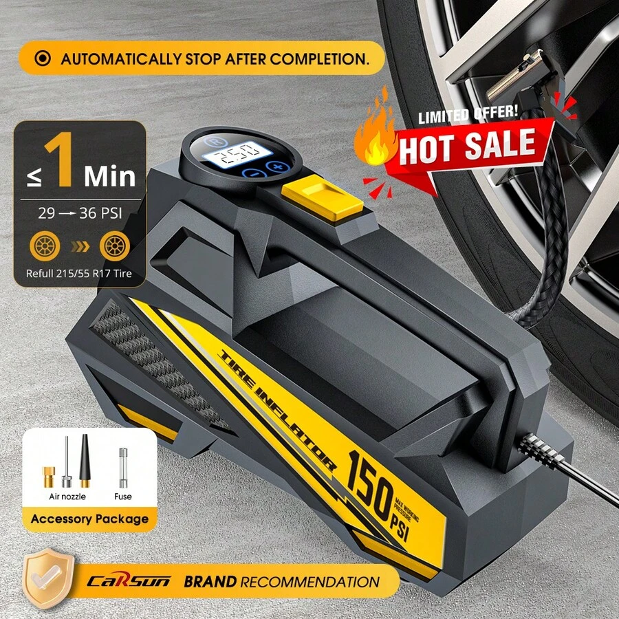 Carsun 150 PSI 高功率 22 缸便攜式充氣機，12V DC 快速充氣附自動停止功能，高亮度 LED 燈，適用於汽車、摩托車與球類，汽車配件，汽車必需品