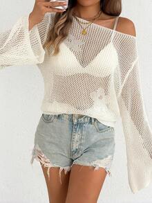 Hollow Floral Knit Long Sleeve Cover Up For Women, Casual Beach Vacation Solid Color Sunscreen Shirt, Spring/Summer White - White - View 3