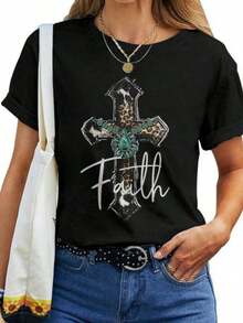 Camiseta casual para mujeres con cruz de fe cristiana, diseño de leopardo turquesa, cruz de Jesús, fe. - Negro - Ver 7