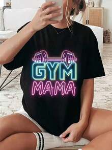 Camiseta 100% Algodón para Mamá Gimnasta, Entrenamiento, Fitness, Levantamiento de Pesas, para Mujer, Transpirable y Cómoda - Negro 2 - Ver 6