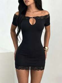 WOWDARK Summer Lace Off-Shoulder Hollow Bodycon Dress, Black Fashion Women's Elegant Dress Suitable For Carnival, Dates, Gatherings, Parties, Travel, Vacation, Beach And Other Occasions - Black - View 3