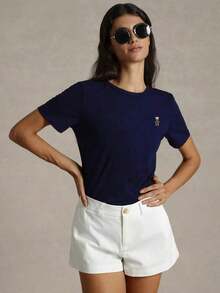 Camiseta Casual Ajustada de Cuello Redondo y Manga Corta para Mujer , Ideal para el Verano - Azul Marino - Ver 3
