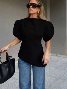 TF.MLN Women's Spring/Summer Petal Sleeve Top, Fashionable Asymmetric T-Shirt Black - Black - View 3