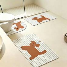1/3pcs Set Bathroom Anti-Slip Absorbent Mat, Striped Cute Puppy Pattern Doormat, Silica Gel Mat, Retro Pattern Bath Mat, U-Shaped Toilet Pedestal Absorbent Foot Mat, 3.6mm Thickness - Brown Puppy - View 15