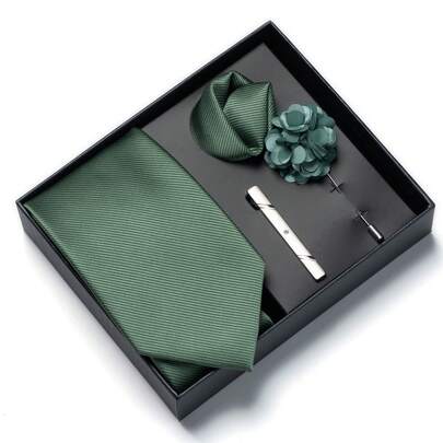 AlanKing 4pcs/Set Men's Solid Color Necktie, Pocket Square, Tie Clip And Lapel Pin, Premium Gift Box, Suitable For Holidays, Formal Business, And Weddings
