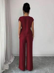 xheElenzga Blusa azul plisada con lazo ajustable en la cintura y pantalones anchos de tiro alto con bolsillos, conjunto elegante y casual para ir al trabajoxhe - Burdeos - Ver 2