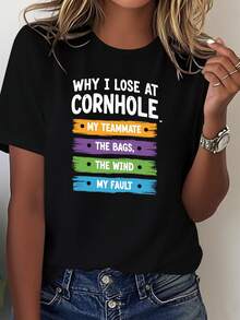 Camiseta Divertida de Mujer para el Juego de Cornhole - "Mi excusa por perder en el cornhole" - Manga corta gris oscuro, suave para uso diario, fiestas, eventos al aire libre y atuendos casuales - Lavable a máquina, regalo divertido, blusa casual mujer - Negro - Ver 7