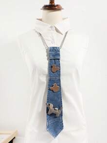 1pc Fashionable Unisex Casual Versatile Denim Style Detachable Faux Pearl Chain Teddy Bear Dog Decor Bolo Tie, Suitable For Daily Outing, Party, Date Outfit - Multicolor - View 3