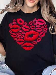 Camiseta con Estampado de Labios en Forma de Corazón para Mujer, Regalo para el Día de San Valentín, Romántica, Linda, a la Moda, Ropa Casual con Tema de Amor - Negro - Ver 6