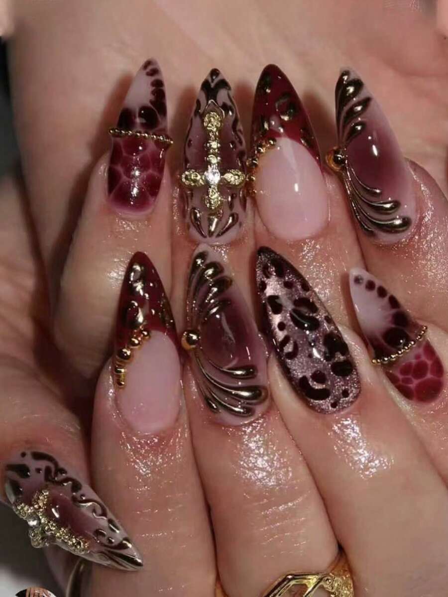 24pcs Y2K Style Red Leopard Print Nail Stickers, Retro Gold Cross Long Acrylic Fake Nails, Handmade Reusable Nail Tips - Multicolor - View 1