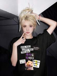 Camiseta de Mujer Nueva Primavera/Verano 2026, Hombros Caídos, Elegante y Chic, con Eslogan Divertido de Rock Coreano "몰락도 락이다" y Estampado de Hámster Tocando Guitarra, Estilo Divertido y Caprichoso, Cómoda y Suave con la Piel, Top Casual para Uso Diario[COD] - Negro - Ver 6