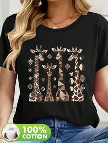 Camiseta de manga corta para mujer, cuello redondo, estampado gráfico, verano, calidad premium, casual - Negro - Ver 2