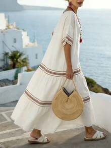 Holidaya Vestido de mujer casual de vacaciones de cuello redondo y manga corta con estampado de rayas en color albaricoque de tejido arrugado: Vestido de vacaciones para mujer, vestido color albaricoque, vestido de rayas, vestido casual, vestido de vacaciones para mujer. Vestido de playa, vestido de verano de isla, vestido elegante, vestido largo de outfit de verano, vestido de playa - Negro - Ver 2