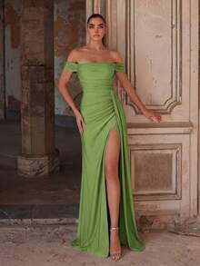 Faeriesty Elegant Ruched Design Maxi Bridesmaid Dress, Slit Hem, Knit Fabric Suitable For Formal Occasions And Balls - Green - View 4