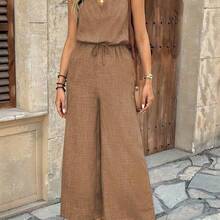 Fengyu Women's Clothing Store  Mono sin mangas de cuello en V para mujer con bolsillos, pierna ancha, tela texturizada, estilo vacacional - Marrón - Ver 4