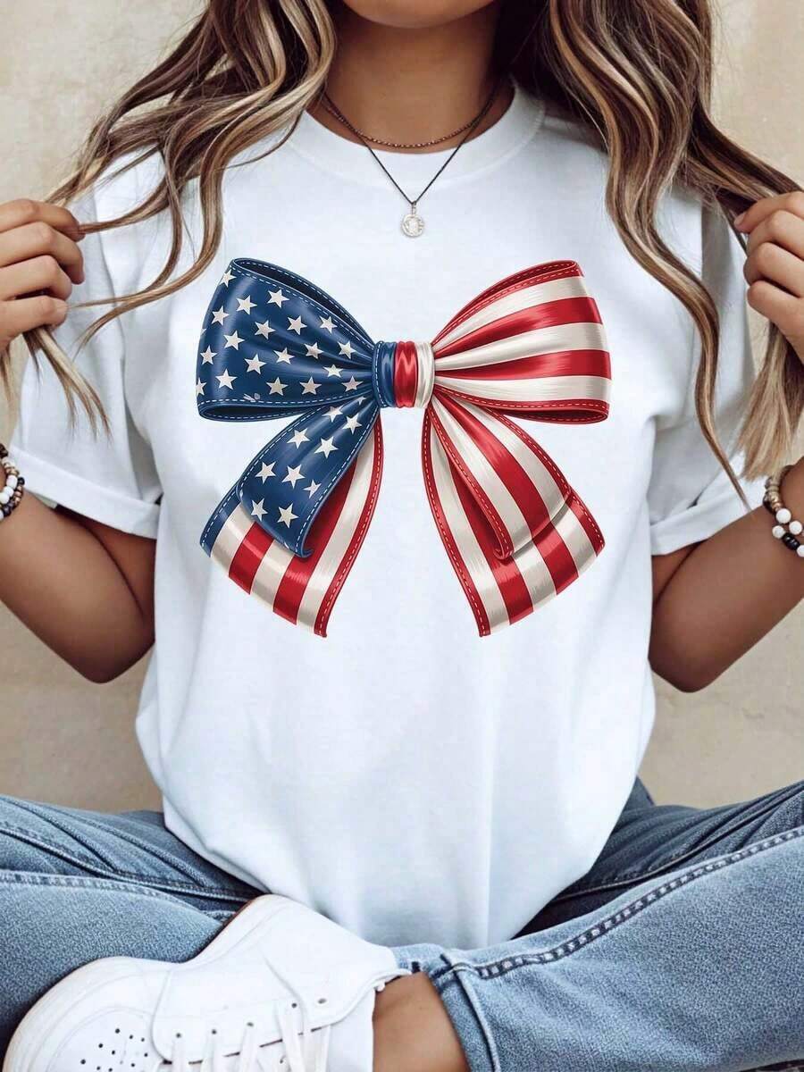 1 pieza Camiseta Patriótica con Lazo de Bandera Americana para Mujer, Celebración del Día de la Independencia 4 de Julio, Top Casual de Verano, Diseño de Estrellas y Rayas Rojas, Blancas y Azules, 220g180g Algodón 100% - Blanco - Ver 1
